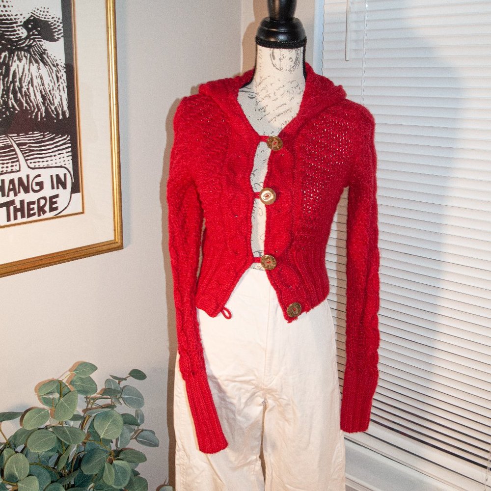 Vintage Cutie Red Knitted Ballet Core Hooded Sweater Cardigan